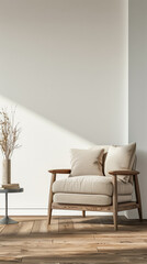 Obraz premium Minimalist living room interiors in war colors with elegant furniture and a large window casting lighting. Contemporary Real Estate interiors composition with copy space.