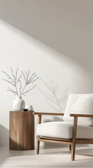 Minimalist living room interiors in war colors with elegant furniture and a large window casting lighting. Contemporary Real Estate interiors composition with copy space.