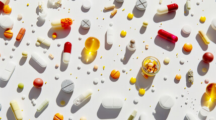 Pills in a floating pattern with a focus on medicine, health, and pharmaceutical themes