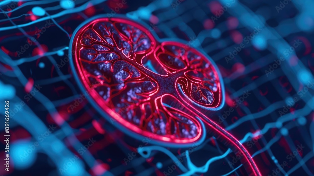 Poster detailed microscopic view showcasing the intricate and reabsorption processes within the kidney neph