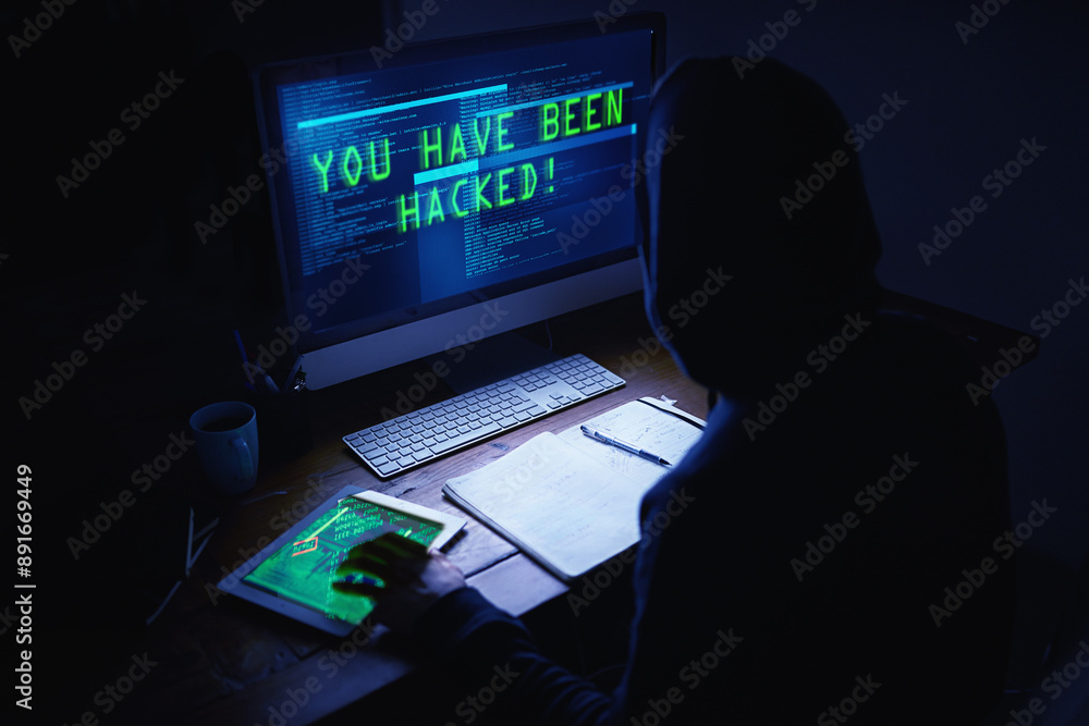 Poster dark, hacker and computer with malware screen for cybersecurity, virus or ransomware for erp system.