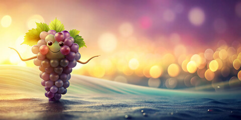 Fototapeta premium Cheerful, anthropomorphic cluster of grapes against a vivid, bokeh background with warm lighting, creating a whimsical atmosphere. The grape has a smiling face with copy space. Generated by AI.