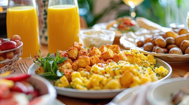 Tasty Vegan Brunch Delight with Tofu Scramble, Roasted Potatoes, and Fresh Fruit Juice