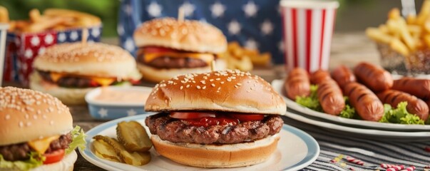 Delectable Labor Day Barbecue Spread with Juicy Burgers Grilled Hot Dogs and Festive American Themed Laid Out on a Vibrant Outdoor Table