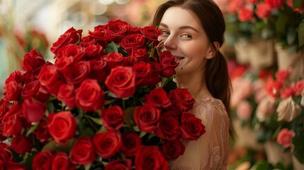 Joyful woman holding 101 red roses in flower shop   close up portrait with soft lighting
