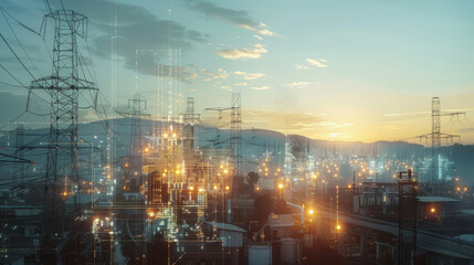 Fototapeta premium A futuristic cityscape at sunset, showcasing smart infrastructure with glowing digital elements and power lines.