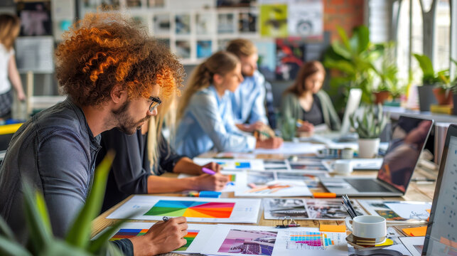 Creative team collaborating on design project in modern office, surrounded by vibrant color samples and digital devices.