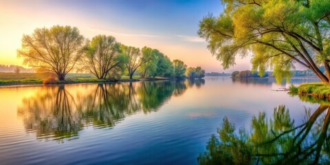 Obraz premium Tranquil riverside scene with trees and water in soft, liquid hues, serene, riverside, trees, water, soft, peaceful, tranquil