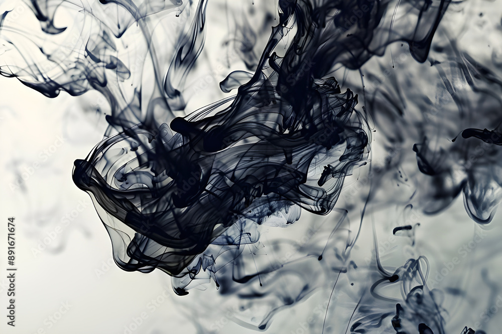 Poster Abstract image of black ink swirling in water, creating intricate and mesmerizing patterns against a light background.