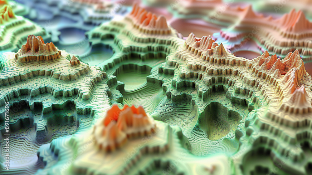 Poster intricate 3d topographical landscape with vibrant colors..