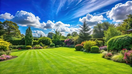 Beautiful garden lawn with a large blue sky in the background, garden, lawn, beautiful, blue sky, peaceful, tranquility