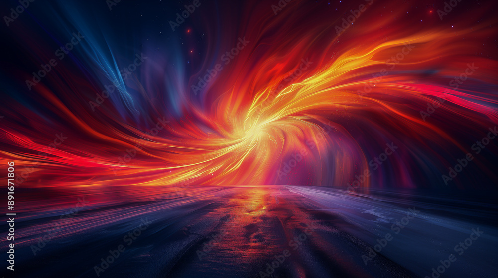 Poster fiery abstract sunset with dynamic light streaks..