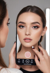  Influencer uses a smartphone app to virtually try on makeup. 