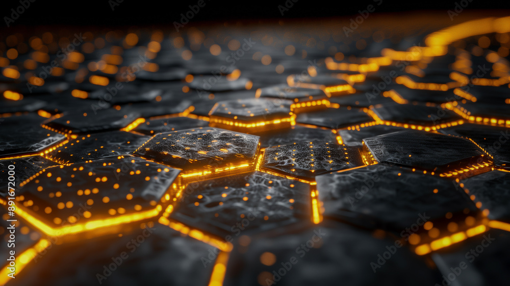 Poster futuristic hexagonal tiles with glowing orange lines..