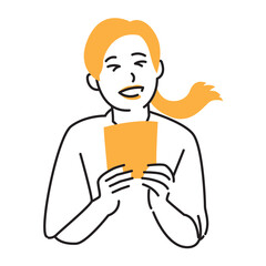 simple illustration of a woman smiling happily while holding a piece of paper