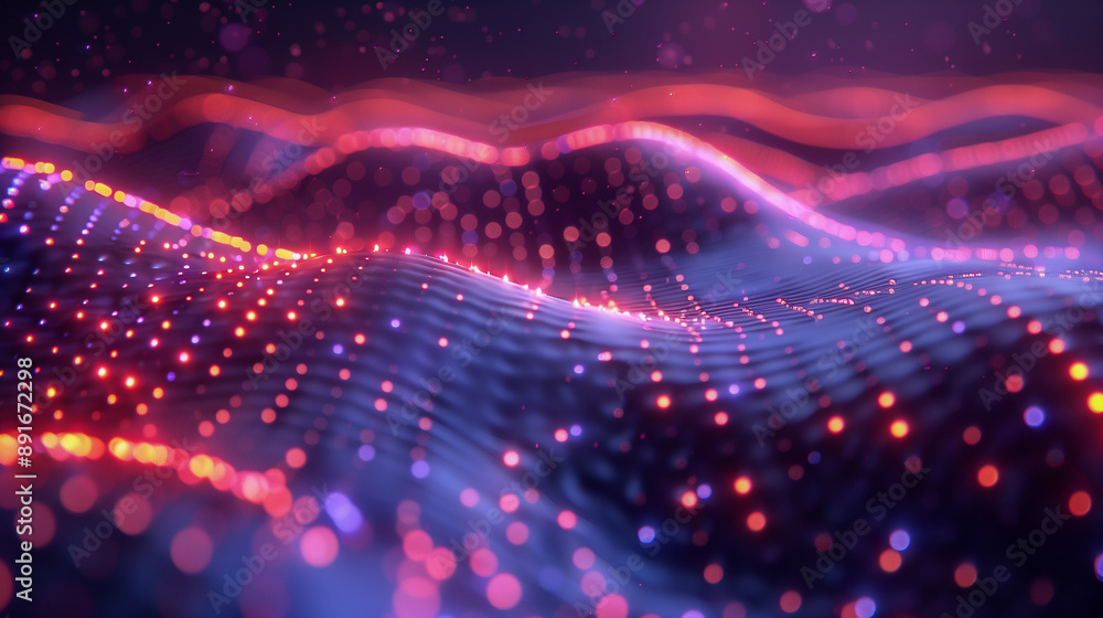 Poster futuristic neon waveforms with glowing dots..