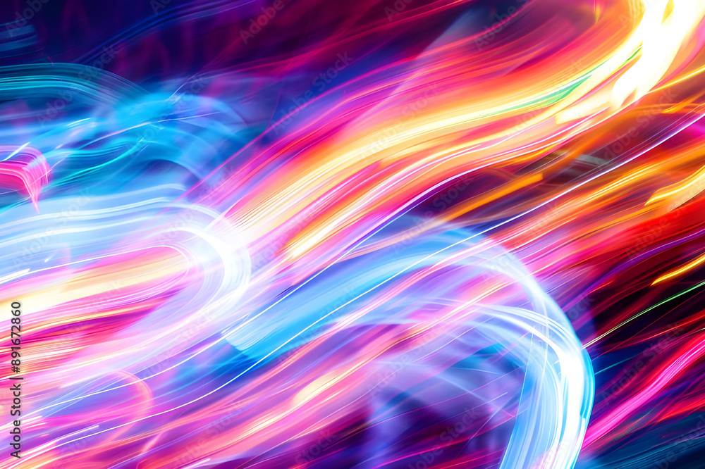 Poster A dynamic display of vibrant, multicolored light streaks in motion, creating a mesmerizing and abstract visual effect.