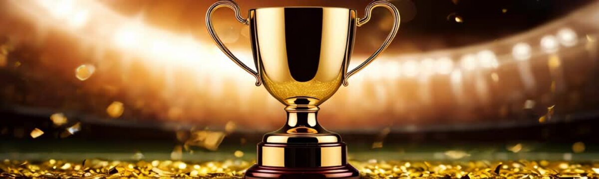 Football Champion Cup. Golden trophy cup for football Championship in arena with golden confetti. Football Championship celebration in soccer stadium. Web banner