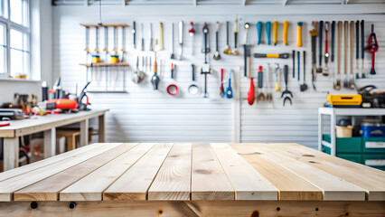 Empty white wooden table, Blur workshop hardware tools for products montage  background