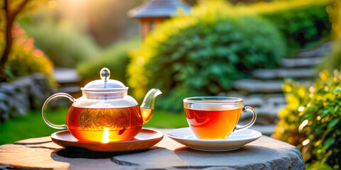 Fototapeta premium a transparent teapot with herbal tea and a tea cup on the background of a beautiful blurred garden with a wooden house