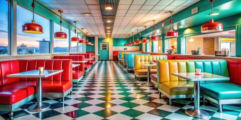 Colorful retro diner restaurant with a vibrant 50s theme, vibrant, colorful, retro, 50s, diner