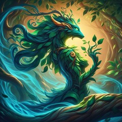 Fototapeta premium Whispering Woods: A mystical creature formed from twisted branches and glowing eyes in an enchanted forest