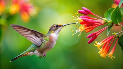 Fototapeta premium Beautiful hummingbird sipping nectar from honeysuckle flower, hummingbird, nectar, honeysuckle, flower, bird, wildlife
