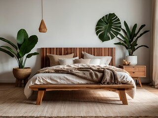 Neutral Bedroom Interior with Wooden Bed and Stylish Furniture