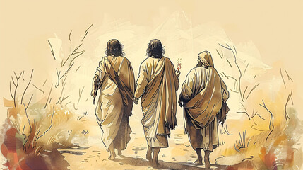 Jesus walking with disciples on the road to Emmaus, hearts burning with faith. Biblical illustration with copyspace.