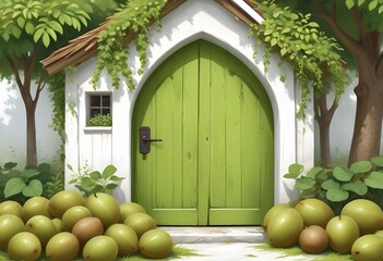 Naklejka premium A ripe kiwi with fresh kiwi flesh and fuzzy kiwi exterior, featuring a charming cottage-style entrance door at its center,