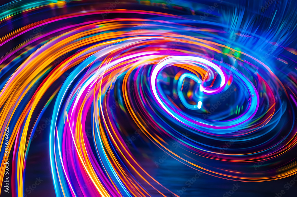 Poster Dynamic abstract image featuring vibrant neon light swirls in motion, creating a mesmerizing and energetic visual effect.