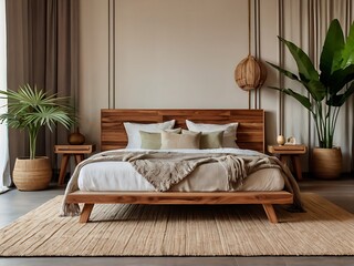 Modern Bedroom with Wooden Bed, Blankets, and Pillows