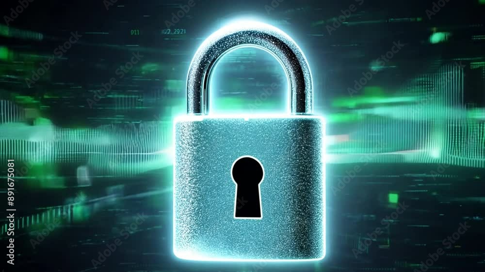 Poster a blue lock with a keyhole is shown in a green background. the lock is surrounded by a wave of green