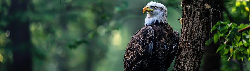 Obraz premium Bald eagle on tree, photorealistic, sharp feathers, deep green forest, tranquil atmosphere