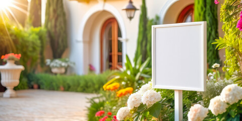 white advertising sign on the background of a private Mediterranean-style house, a blooming garden