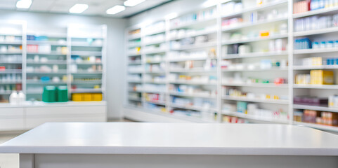 Empty white table top, Drug store blurred background