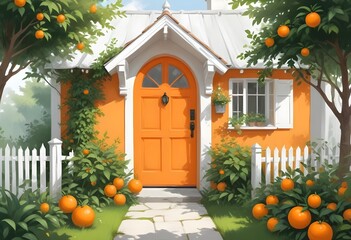 Naklejka premium A ripe orange with fresh orange flesh and textured orange exterior, featuring a charming cottage-style entrance door at its center, 