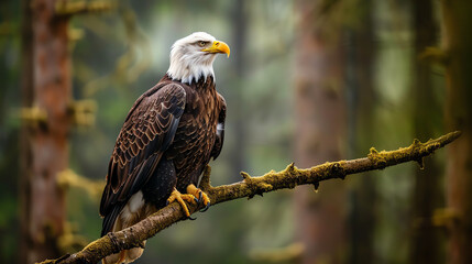 Majestic bald eagle on tree branch, hyper-realistic, detailed feathers, deep forest background