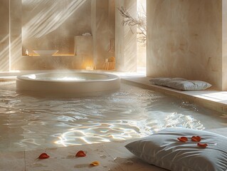 Salle de bain luxueuse avec piscine intérieure et coussins