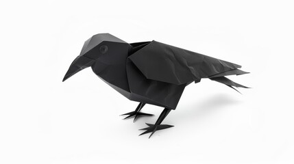 Fototapeta premium Animal concept paper origami isolated on white background of a black crows, magpie or raven with copy space, simple starter craft for kids. Toys isolated on white. Photo realistic photo.