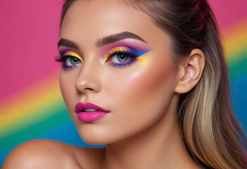 Fototapeta premium A beauty blogger showcasing a bold, colorful eyeshadow look with a vibrant neon background. 