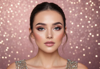  A social media user demonstrating a quick and easy party makeup look with a glittery, festive background. 