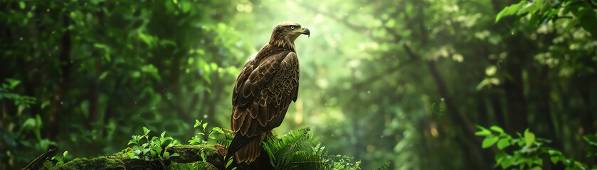 Fototapeta premium Perched eagle in deep forest, realistic, high resolution, rich greenery, sharp focus