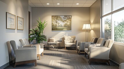 Fototapeta premium A cozy waiting room with soft carpeting and acoustic panels to reduce noise levels, ensuring a peaceful environment for all visitors