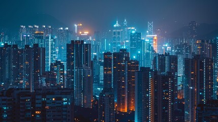 Fototapeta premium A nighttime view of a bustling city with modern high-rise buildings and skyscrapers illuminated by glowing windows, representing business, economy, jobs, work, and employment