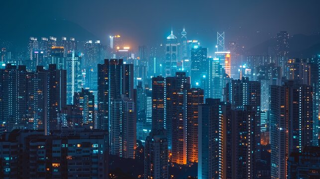 A nighttime view of a bustling city with modern high-rise buildings and skyscrapers illuminated by glowing windows, representing business, economy, jobs, work, and employment