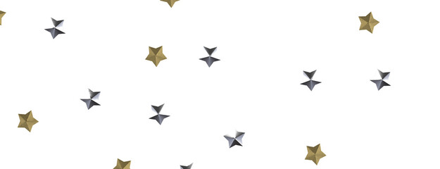 A scattering of silver and gold stars against a black background