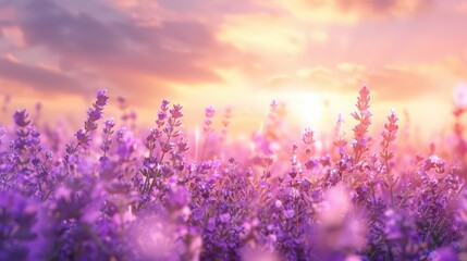 Naklejka premium A dreamy flower background, portraying a field of lavender in full bloom, exuding a calming fragrance under a pastel-hued sunset sky
