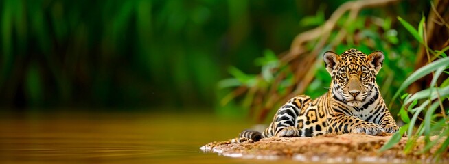 Jaguar animal in Pantanal, Brazil jungle. Amazon onca cat. Wildlife nature in America. Spotted leopard in forest near water. Fauna banner with Jaguar from Brazil Amazonia, Colombia, Guatemala, Bolivia