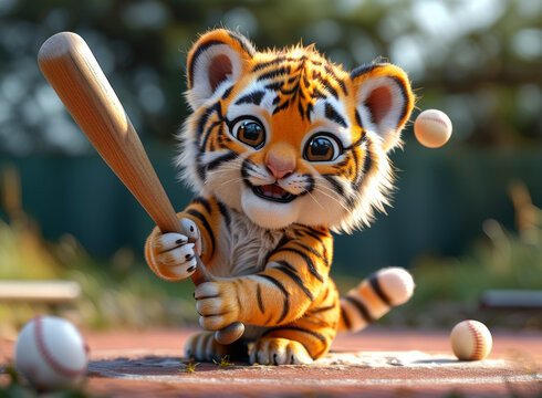 A cute little tiger playing baseball